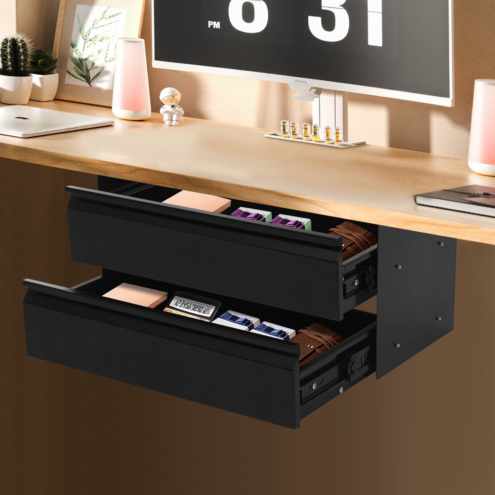 Under Desk Sliding Drawer Organizer, Black Steel Storage Tray a7