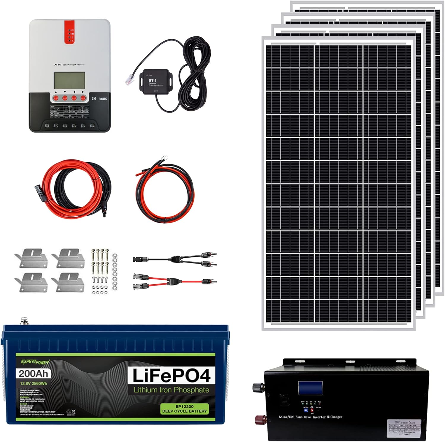 2.5KWH 12V Solar Power Kit LiFePO4 100Ah 400W Mono Panels MPPT Controller Inverter Off Grid a7