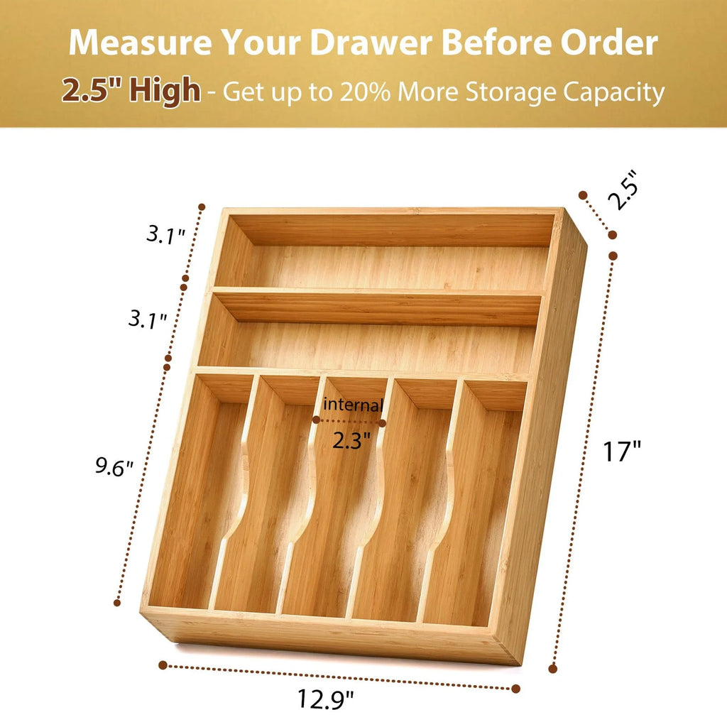 Bamboo Utensil Tray for Drawers, 7-Slot Deep Divider, Natural Wood A7
