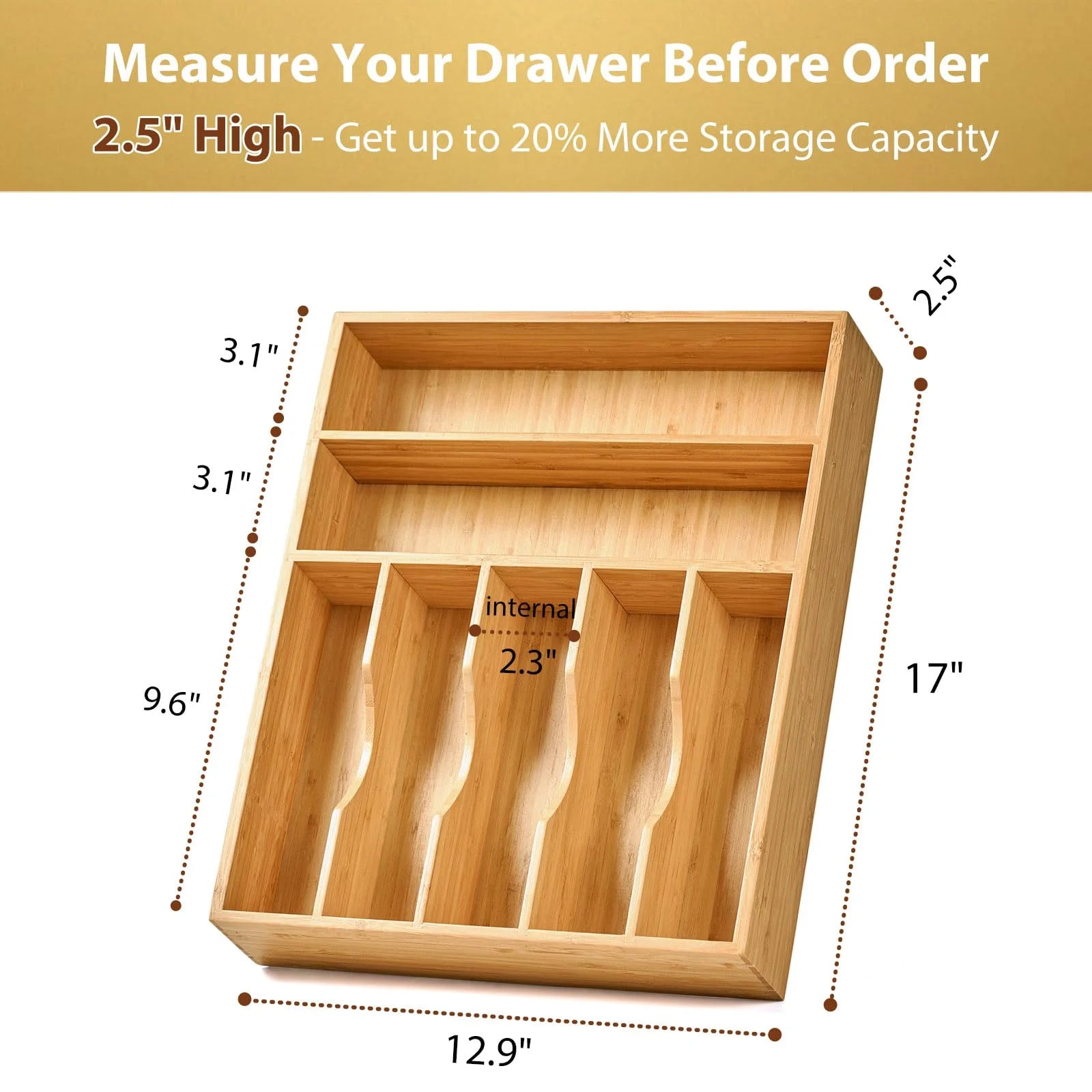 Bamboo Utensil Tray for Drawers, 7-Slot Deep Divider, Natural Wood A7