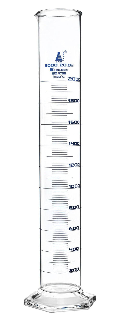 2000ml Graduated Measuring Cylinder, Cap. 2000ml., Class &B&, Hexagonal Base with Spout, Borosilicate Glass - Eisco Labs