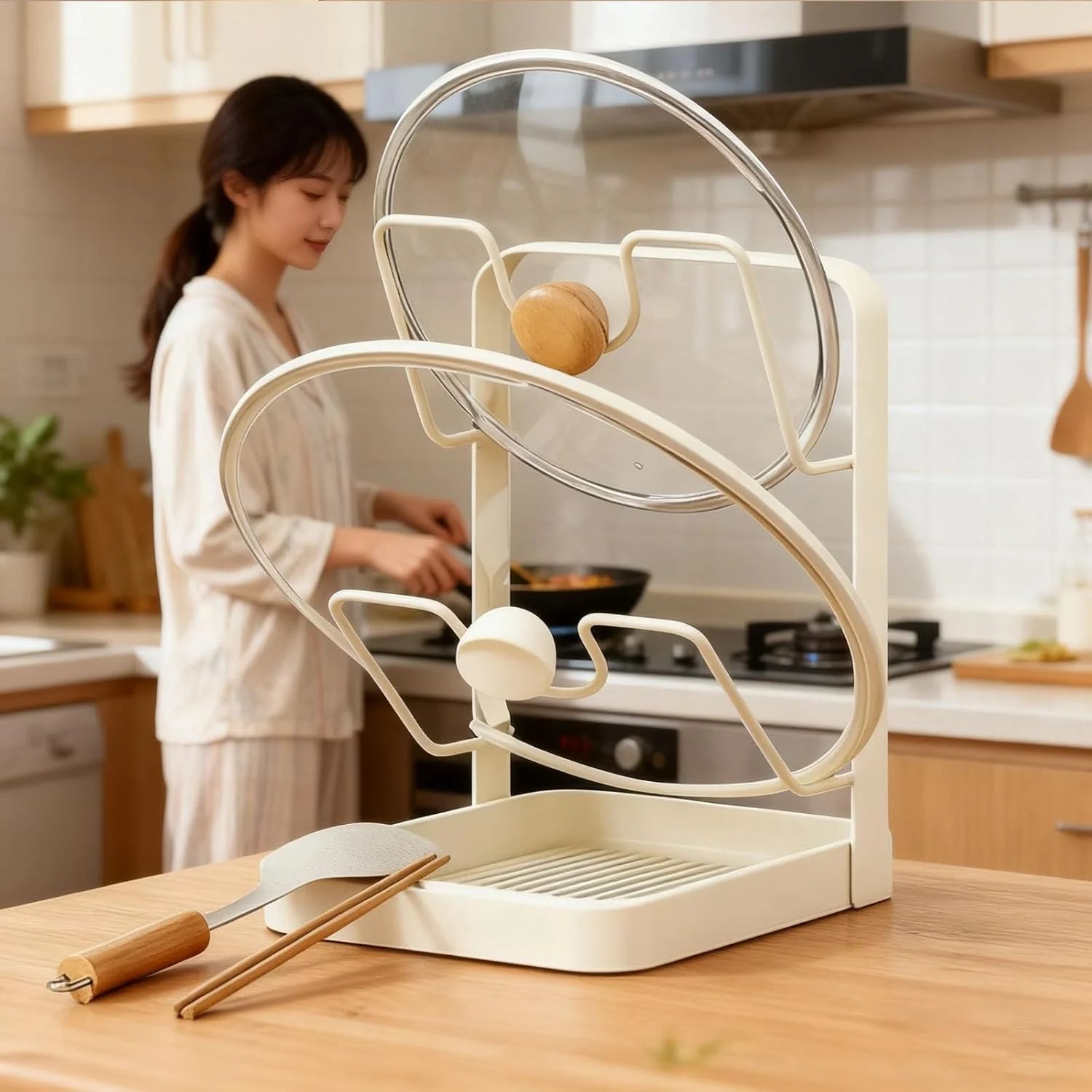 Stainless Steel Pot Lid Storage Rack with Drip Tray k7m