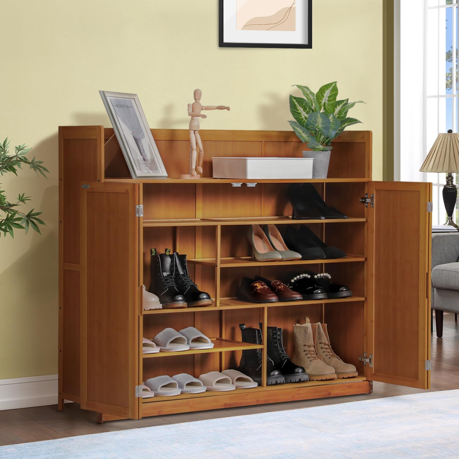 5 Tier Bamboo Shoe Cabinet with Doors and High Baffle a7