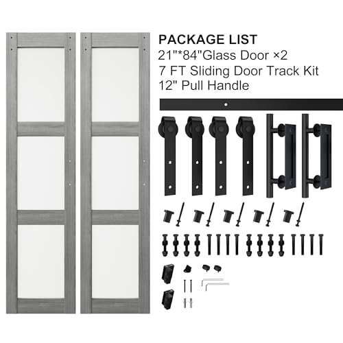 Double Glass Barn Door 21x84in with Sliding Hardware Kit White k7