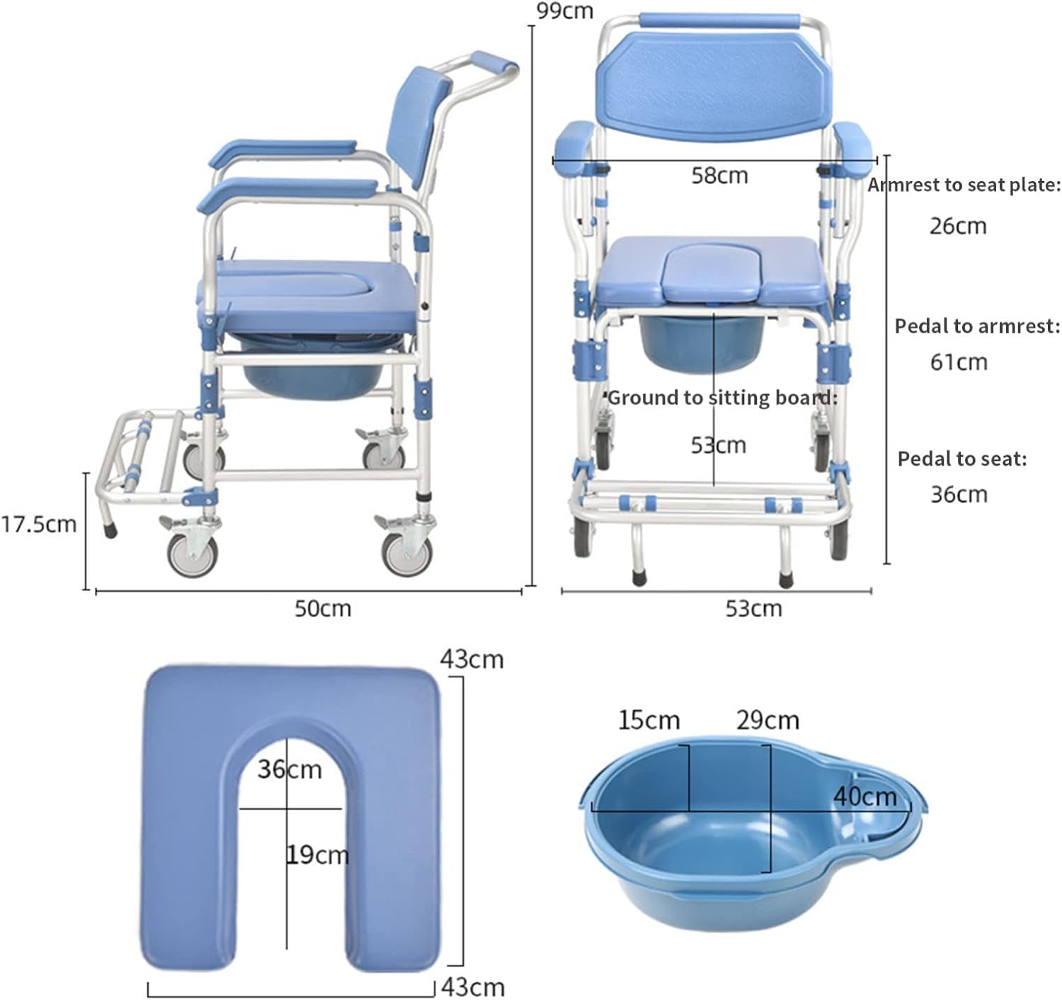 Toilet Chair with Wheels for Bathroom Shower Commode, Liftable Armrests, Easy Assembly for Elderly Disabled a7