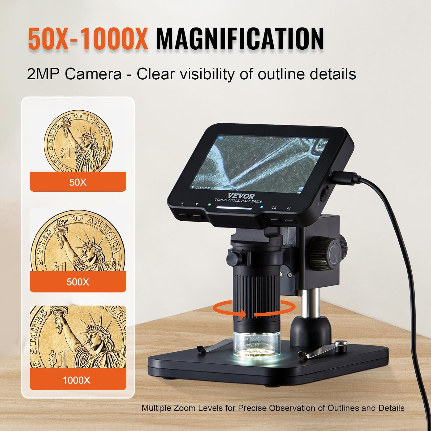 LCD Digital Microscope 4.3 IPS Screen 50X-1000X with 8 LED Lights, PC View, 32GB SD Card k7m