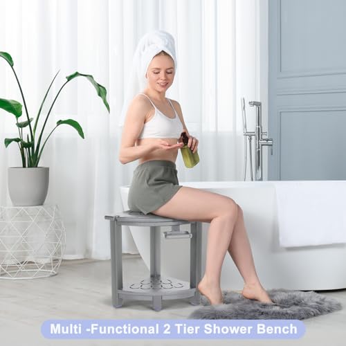 Corner Shower Stool with Storage Shelf and Adjustable Feet k7p