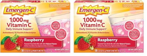 Emergen-C (30 Count, Raspberry Flavor, 1 Month Supply Dietary Supplement Fizzy Drink Mix with 1000mg Vitamin C, 0.32 Ounce Packets, Caffeine Free (Pack of 2)