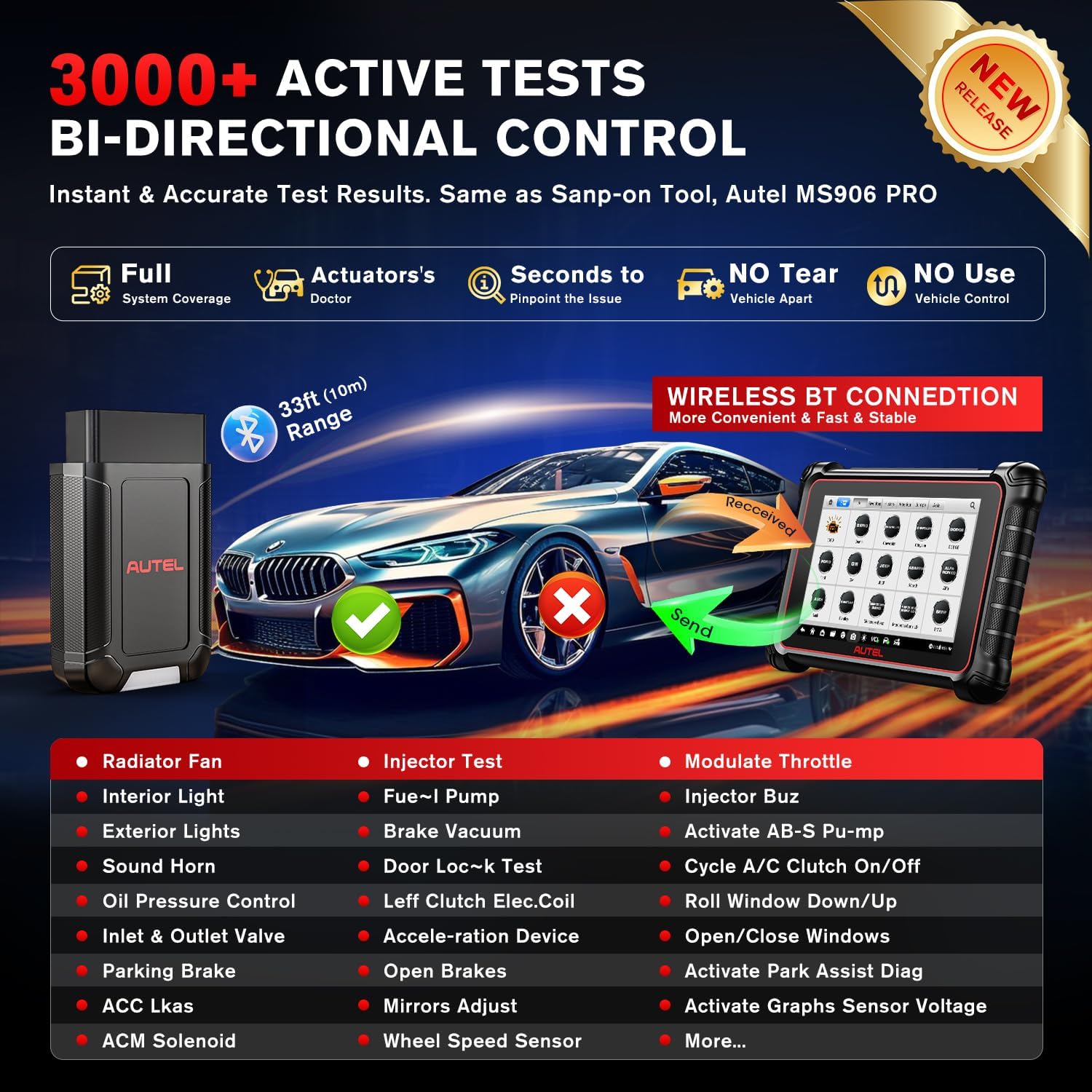 Autel Scanner MaxiCOM MK900-BT 2024 OS 11 Bidirectional Scan Tool 40+ Reset CAN FD DoIP 3000+ Active Tests WiFi Print k7