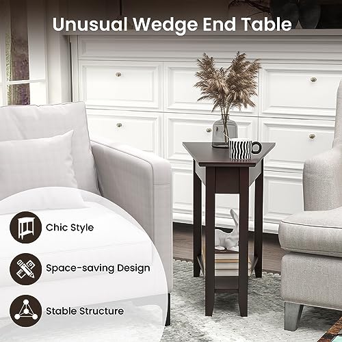Narrow Triangle Side Table with Storage Shelf, Solid Wood Legs, White a7
