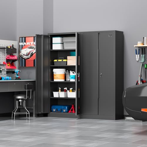 Metal Storage Cabinet 2 Doors 4 Shelves Lockable Black a7