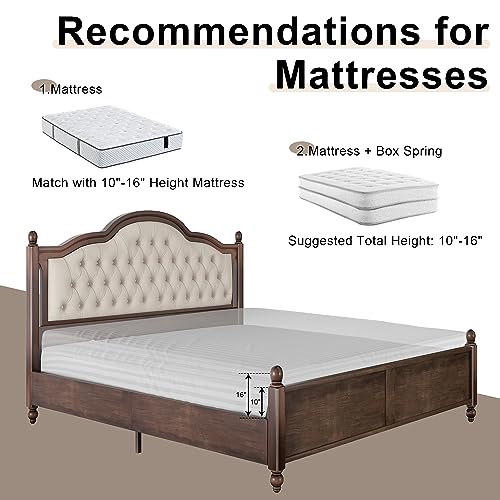 Solid Queen Platform Bed with Upholstered Headboard Walnut k7m