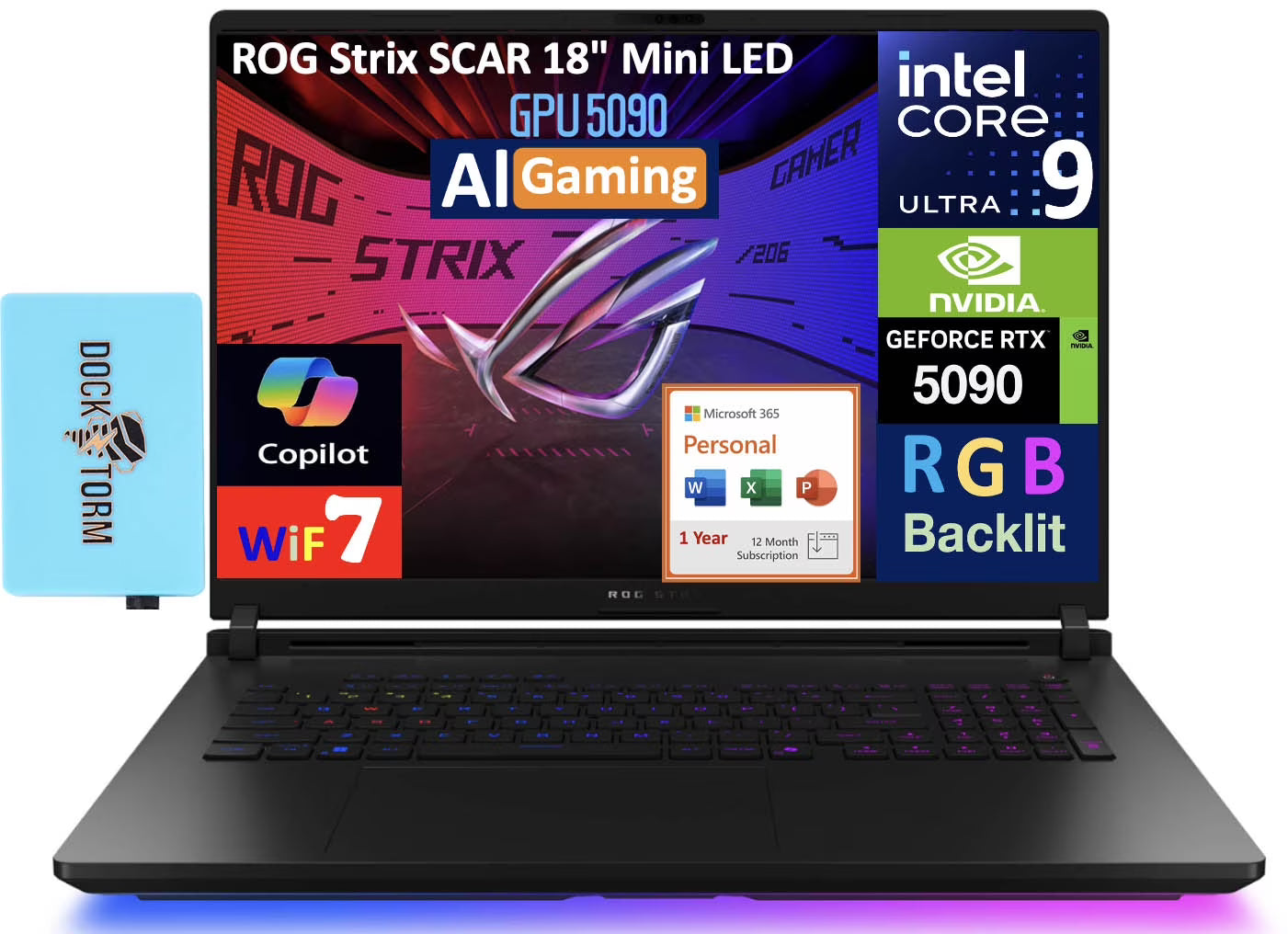 ASUS ROG Strix SCAR AI Gaming Laptop 18in 240Hz Mini LED WQXGA Display (Intel Ultra 9- 275HX, NVIDIA GeForce RTX 5090 24GB, 64GB DDR5, Win 11 Pro) w/Microsoft 365 Personal , DKZ USB Port Expander