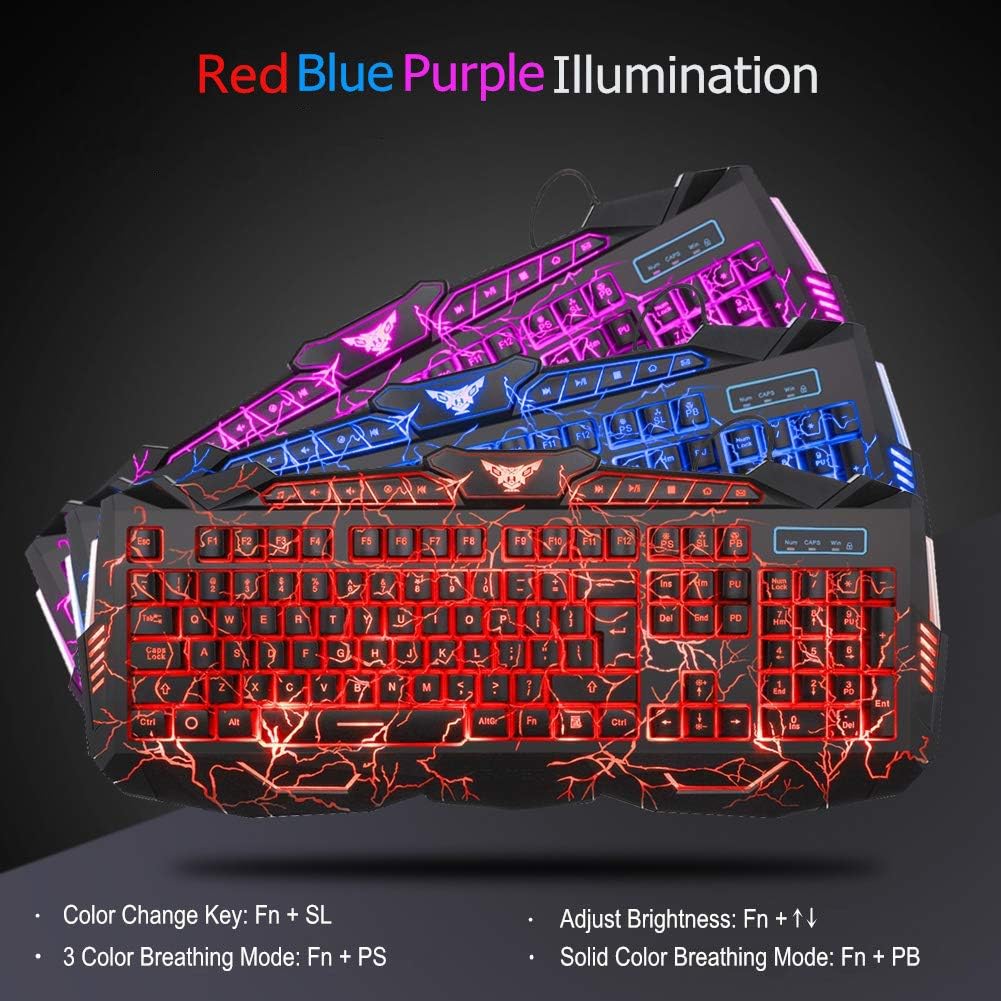 Gaming Keyboard Mouse Headset Combo USB Wired LED Backlit 114 Keys Red Light for PC Laptop k7