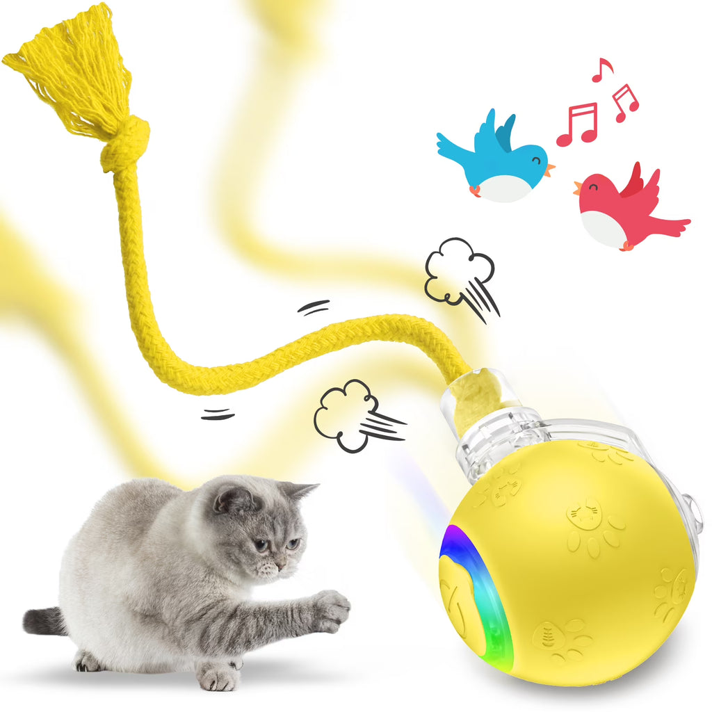 JDMEOPD Speed 2.0 Tail Interactive Cat Toys for Indoor Cats – Smart Motion-Activated Rolling Ball with Tail, Chirping Sounds, and USB Rechargeable Design for Enrichment &amp; Exercise(Yellow)
