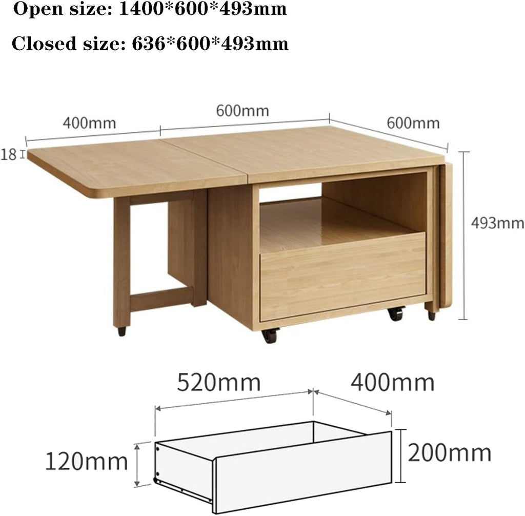 Folding Coffee Table with Drop-Leaf and Rollers, Solid Wood, 1.4m k7
