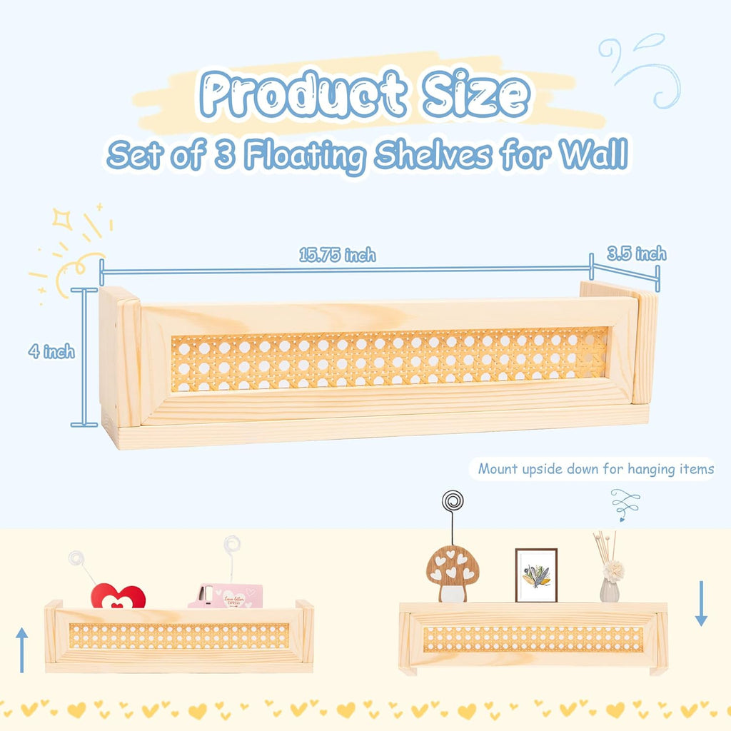 Rattan Wall Shelf Set of 3, Boho Hanging Bookshelves for Nursery a7
