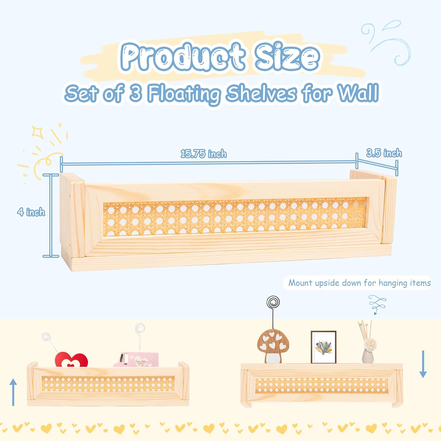 Rattan Wall Shelf Set of 3, Boho Hanging Bookshelves for Nursery a7