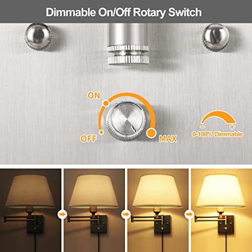 Dimmable Plug-in Wall Sconce Set of Two with Swing Arm and Beige Fabric Shade k7p