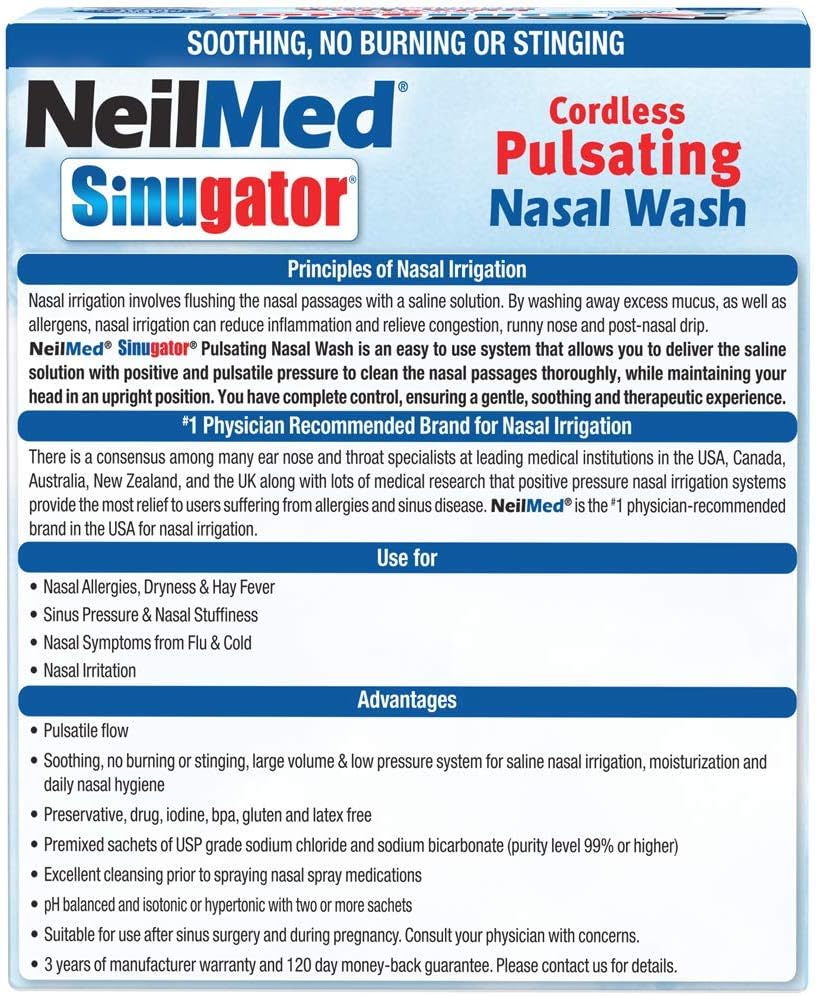 NeilMed Sinugator Cordless Pulsating Nasal Wash Kit with One Irrigator, 30 Premixed Packets and 3 AA Batteries a7