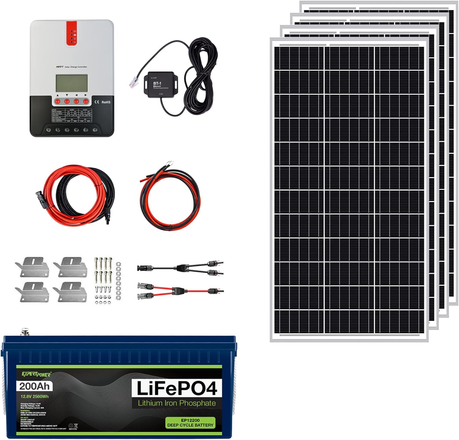 2.5KWH 12V Solar Power Kit LiFePO4 100Ah 400W Mono Panels MPPT Controller Inverter Off Grid a7