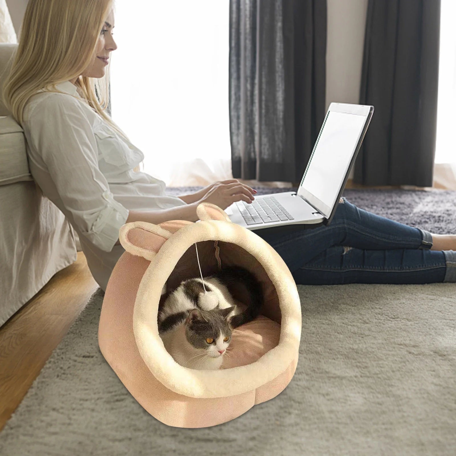 Cat Bed with Ears Cozy Indoor Pet House Pink7k