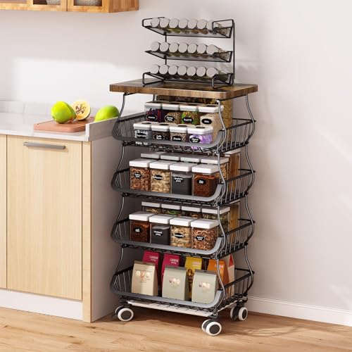 Fruit Basket with Wood Top 5 Tier Stackable Cart White a7
