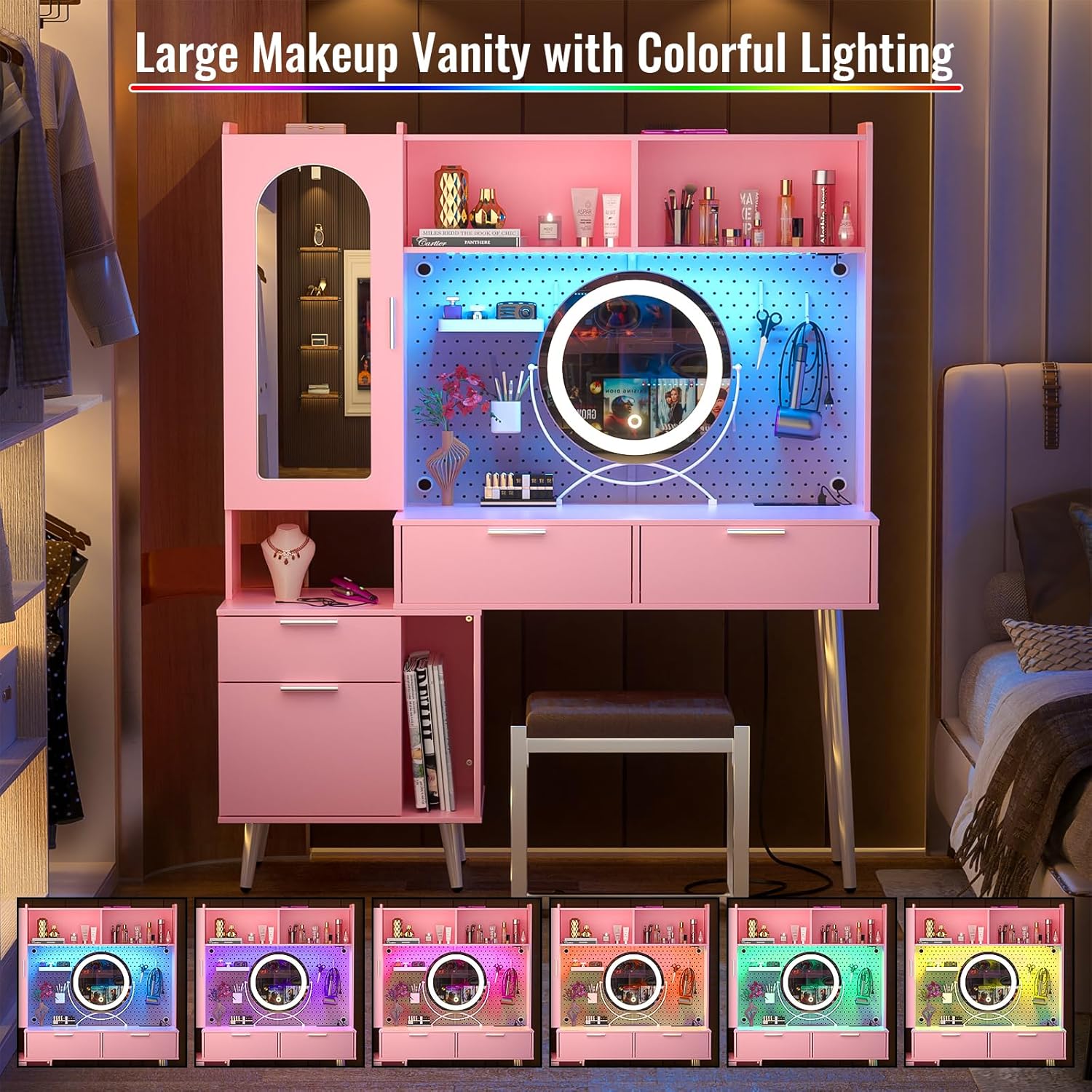 Vanity Desk with Mirror and LED Light, 48 Inch Makeup Vanity with Storage a7