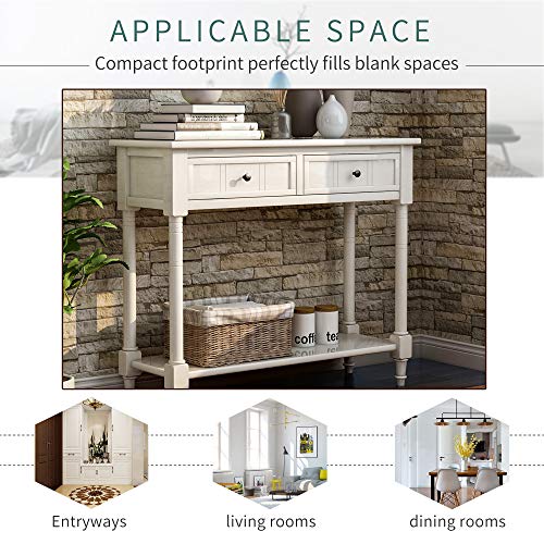 Narrow Console Table with 2 Drawers and Storage Shelf, 35.34" L Retro Wood Entryway Table Ivory k7m