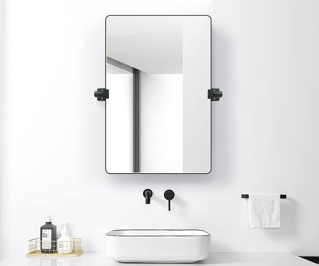 FOMAYKO 22" x 30" Black Aluminum Alloy Frame Pivot Rectangle Bathroom Mirror Tilting Rounded Corner Rectangular Vanity Mirror for Wall Decor