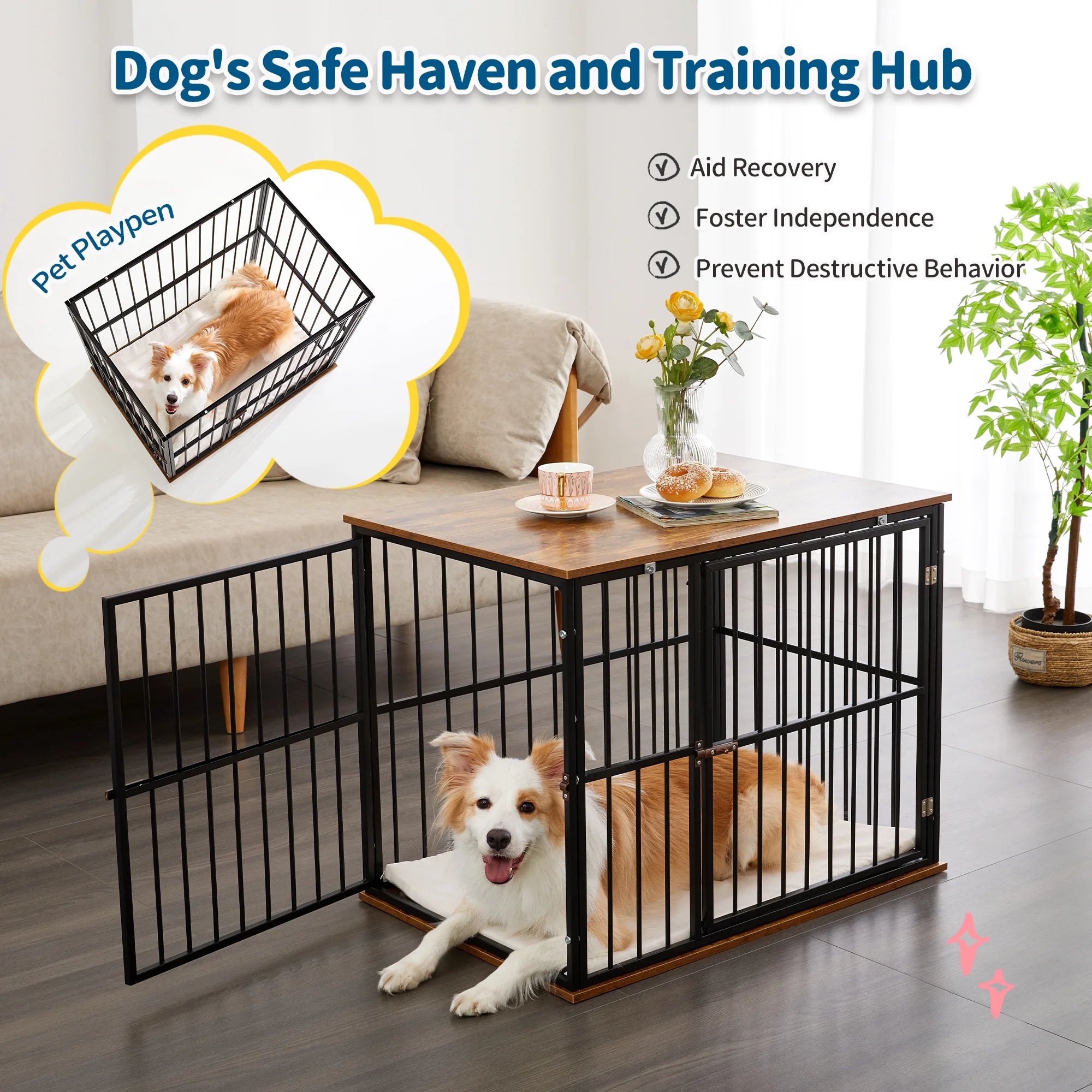 Wooden Dog Crate Furniture with Washable Cushion q7k