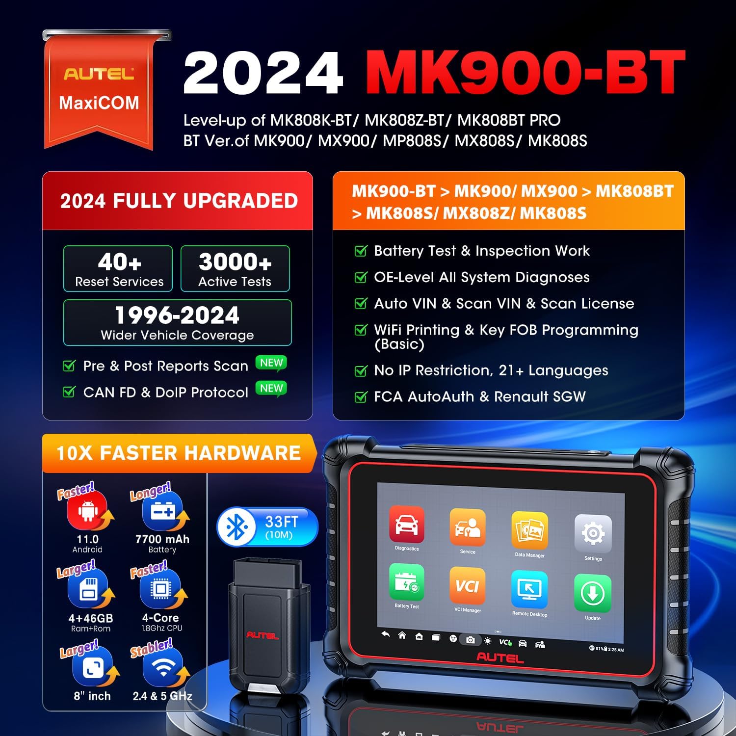 Autel Scanner MaxiCOM MK900-BT 2024 OS 11 Bidirectional Scan Tool 40+ Reset CAN FD DoIP 3000+ Active Tests WiFi Print k7