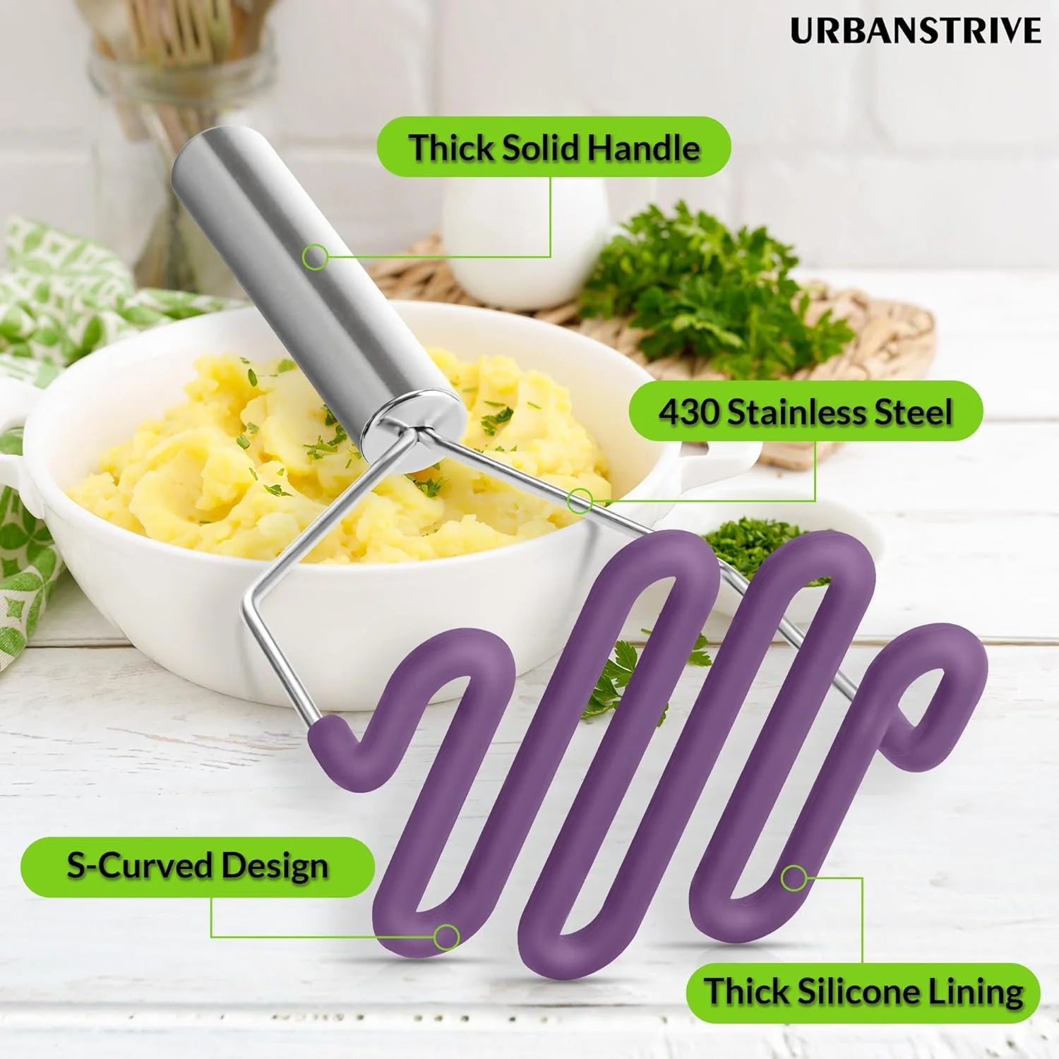 Silicone potato masher with stainless steel core a7