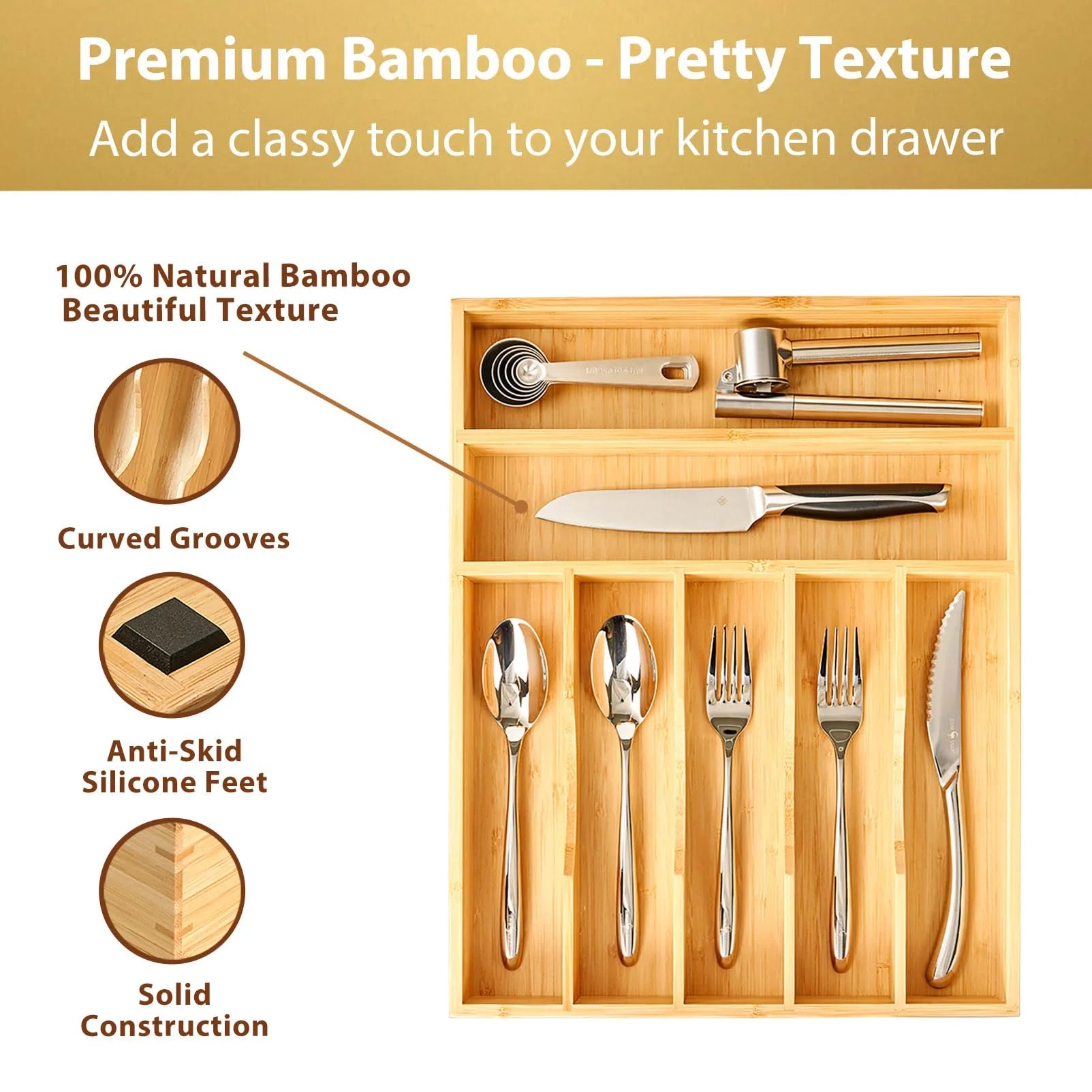 Bamboo Utensil Tray for Drawers, 7-Slot Deep Divider, Natural Wood A7