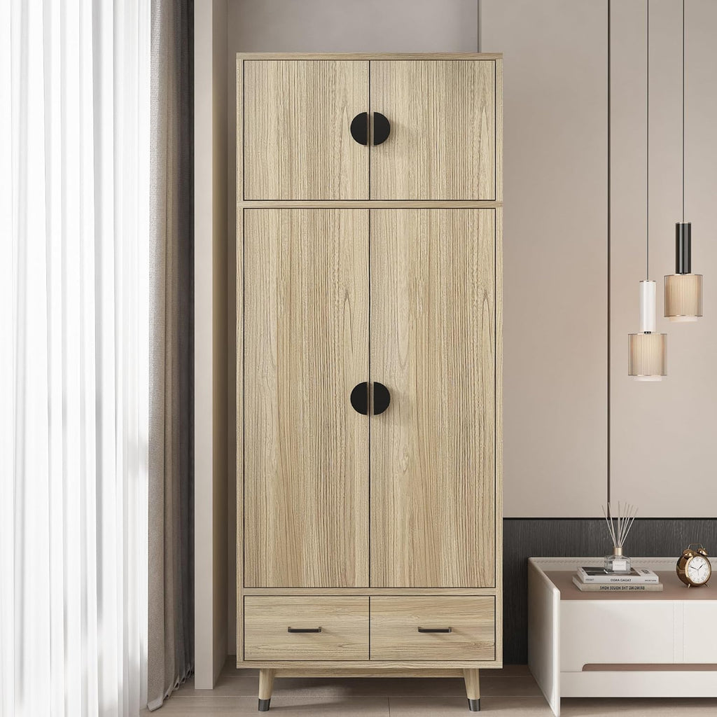 Armoire Wardrobe Closet 2-Door Storage Pantry Cabinet Modern Wood Closet with 2 Drawers, Hanging Rod, Freestanding Pantry Cabinet for Bedroom, Oak