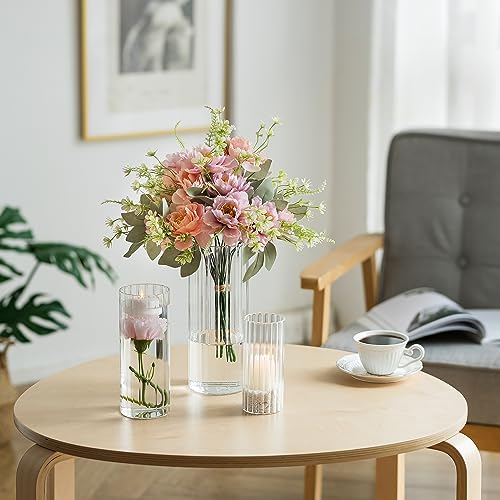 Ribbed Hurricane Candle Holders Set of 6 Cylinder Glass for Pillar Centerpieces d7k