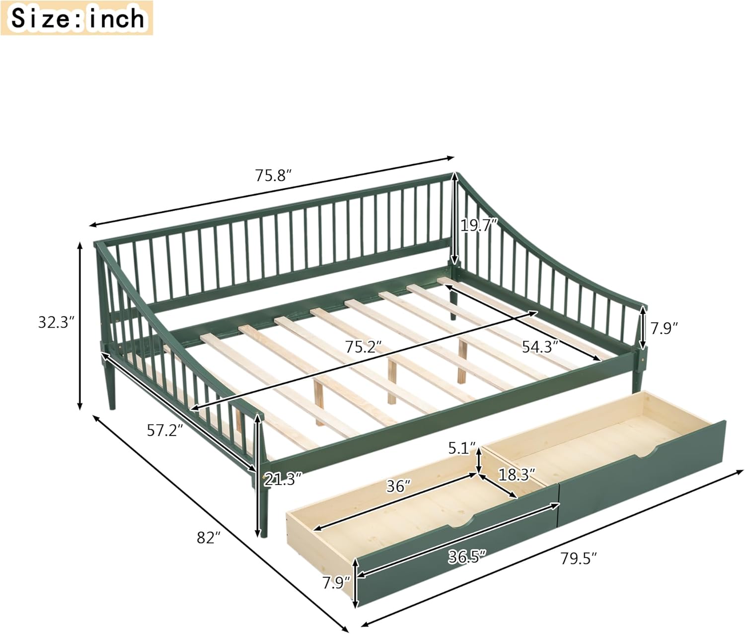 Daybed with Two Drawers Solid Wood Frame Green k7m