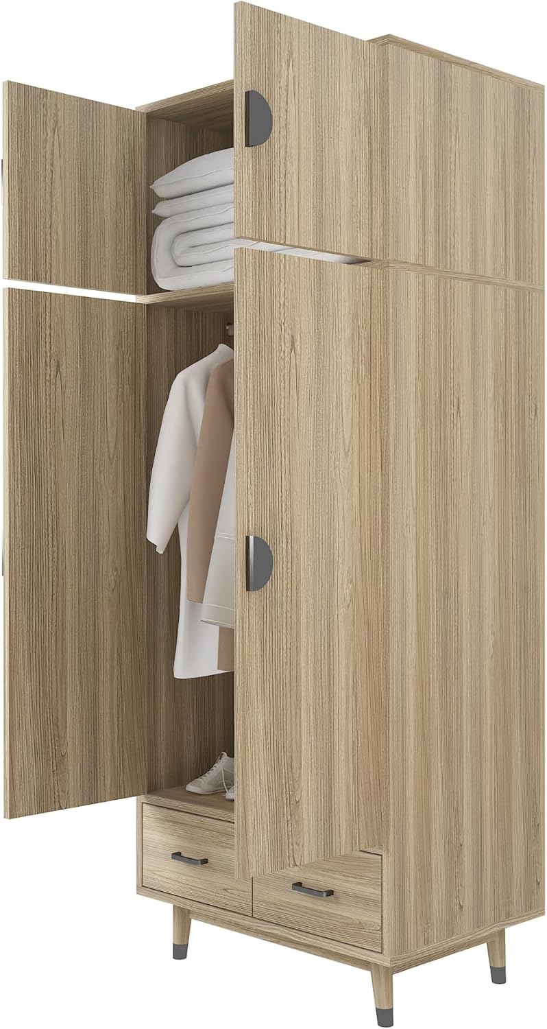 Oak 2-Door Storage Cabinet with Drawers and Hanging Rod k7p