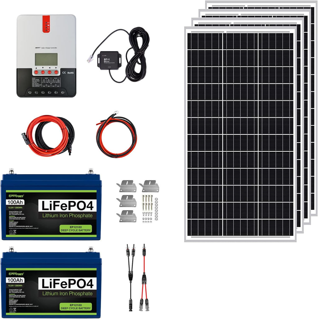 2.5KWH 12V Solar Power Kit LiFePO4 100Ah 400W Mono Panels MPPT Controller Inverter Off Grid a7