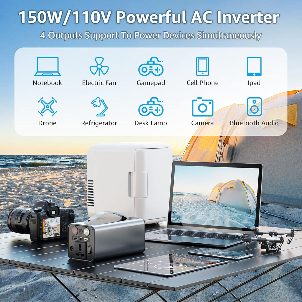 Portable Power Station 150WH Camping Battery Dual AC Outlet Solar Ready k7