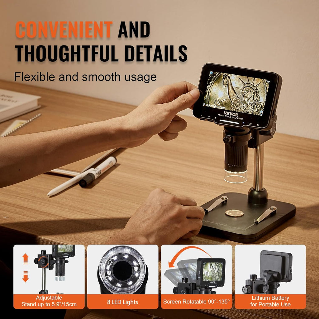 LCD Digital Microscope 4.3 IPS Screen 50X-1000X with 8 LED Lights, PC View, 32GB SD Card k7m
