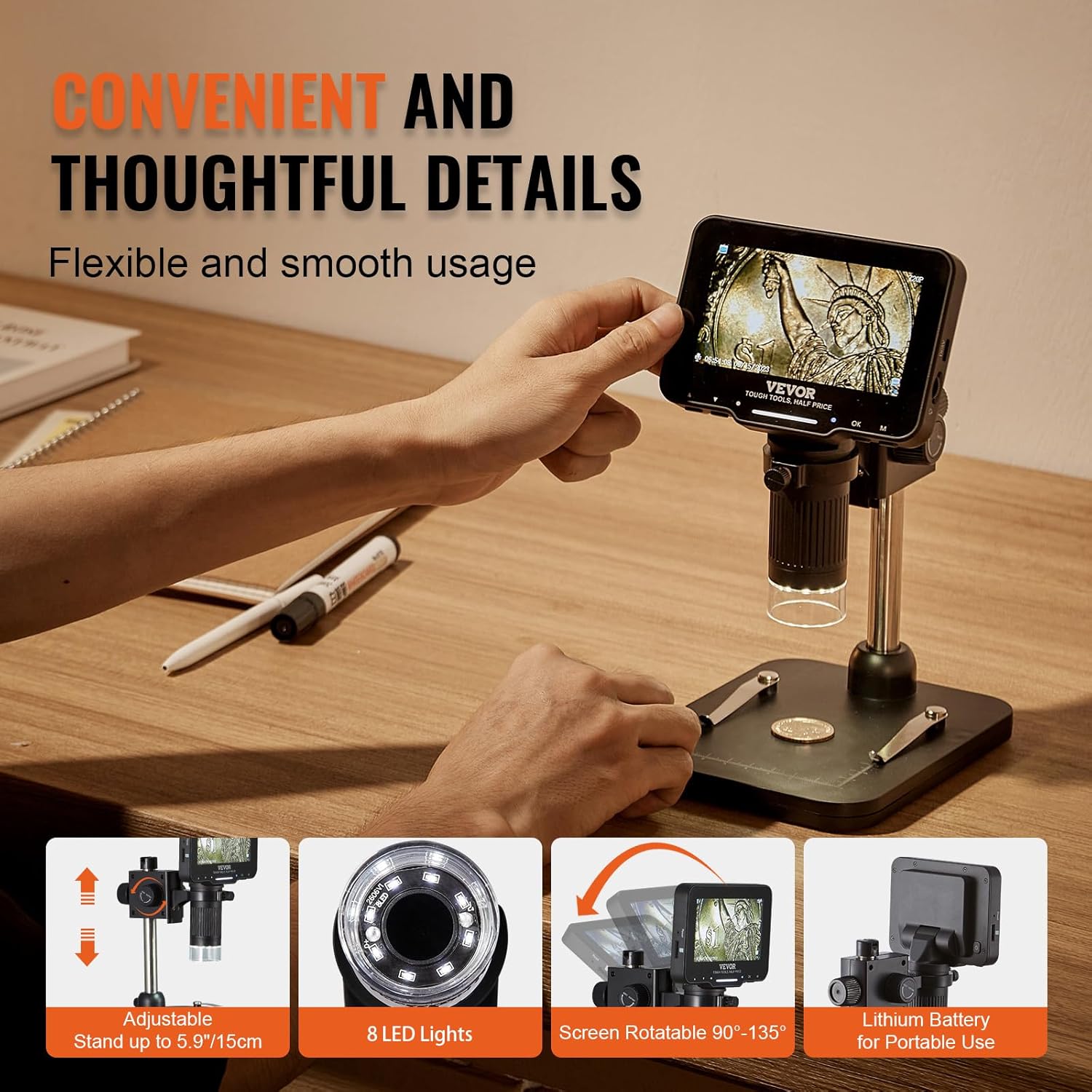 LCD Digital Microscope 4.3 IPS Screen 50X-1000X with 8 LED Lights, PC View, 32GB SD Card k7m