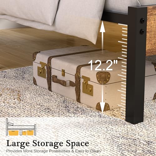 Twin Bed Frame with Wood Storage Headboard and Footboard, Metal Platform, Under Bed Storage, Rustic Brown k7