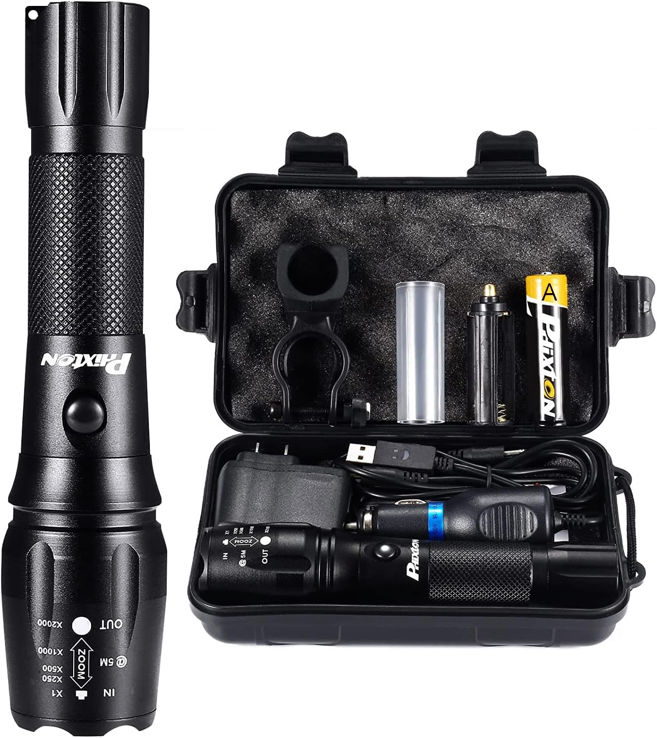 PHIXTON Rechargeable High Lumens Tactical Handheld Flashlight, Super Bright 5000 lumen XM L2 LED Tac Flash Light Linterna, Long Lasting,Zoomable,Waterproof,Shockproof,For emergency Camping Accessories