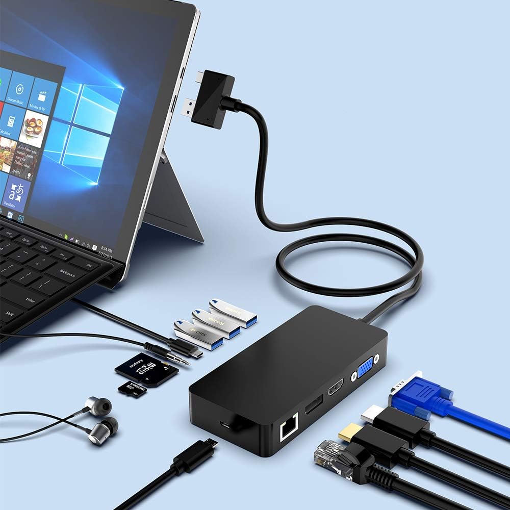 Surface Pro Dock Station Dual Monitor Compatible with Surface Pro 6/5/4, Surface Docking Station with DP, HDMI, VGA, 3 USB, RJ45, USB C, SD TF Slot, and Audio, Hub Combo Dock for USB Surface Pro