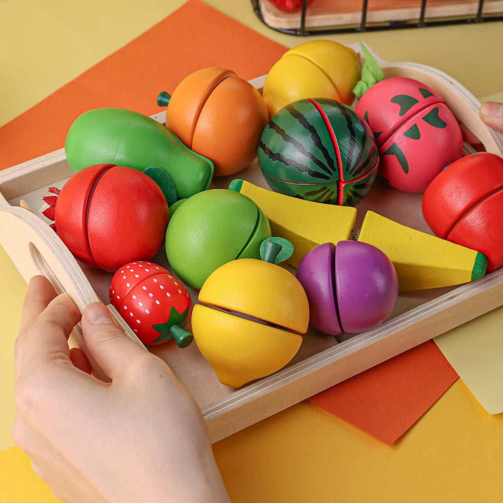 Wooden Play Food Set for Kids Kitchen with Tray a7