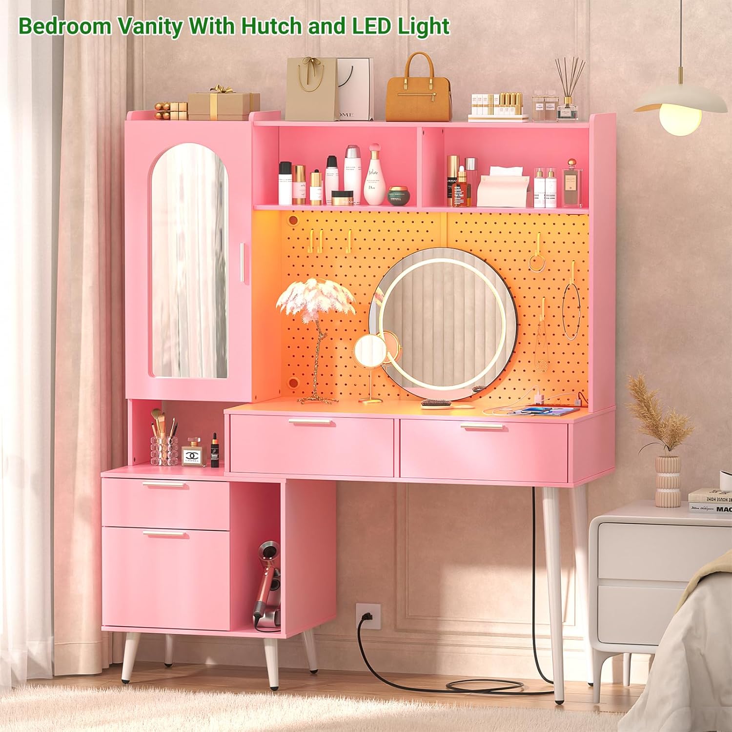 Vanity Desk with Mirror and LED Light, 48 Inch Makeup Vanity with Storage a7