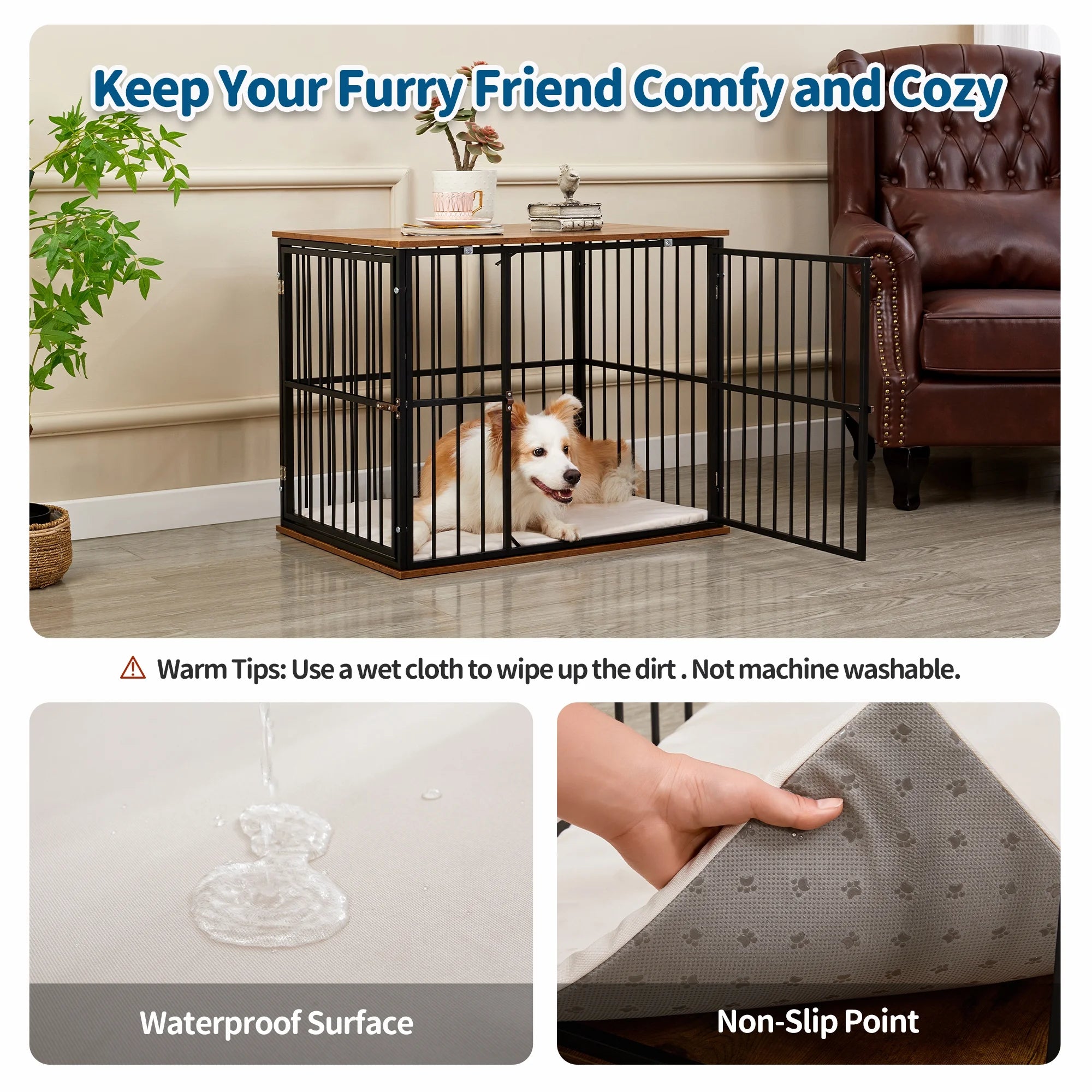 Wooden Dog Crate Furniture with Washable Cushion q7k