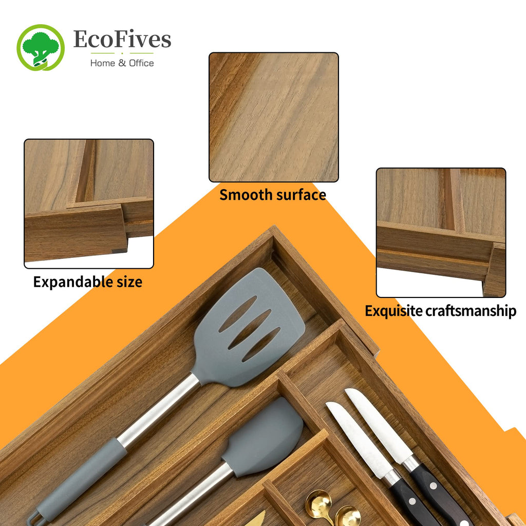 Acacia Cutlery Tray Organizer, Adjustable Drawer Divider, 8 Compartment Utensil Holder, Brown k7