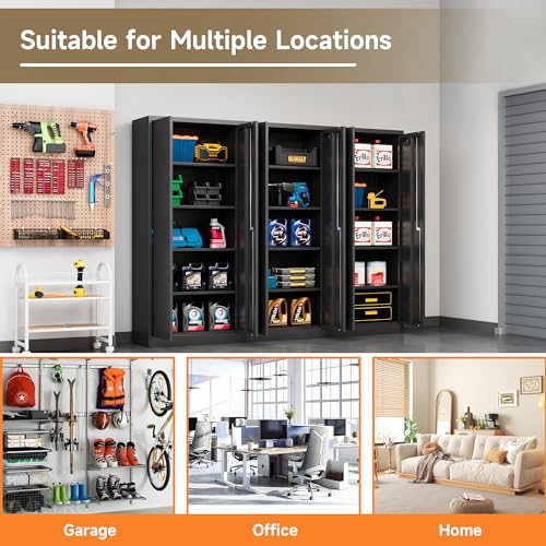Metal Storage Cabinet 2 Doors 4 Shelves Lockable Black a7
